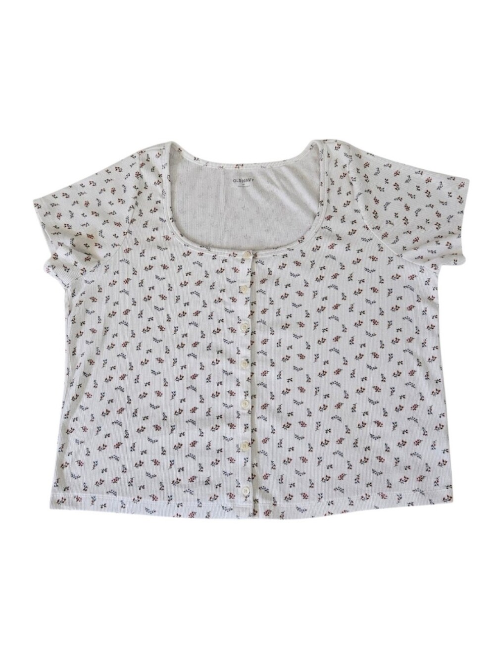 Old Navy Ribbed Knit Button -Down Top Scoop Neck Floral Women 2X White